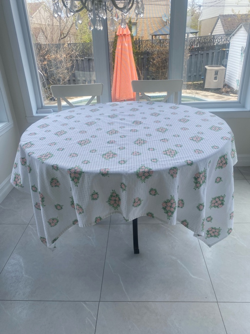 Floral  square floral Tablecloth White w Pink & Green Accents L: 62” width:  67”